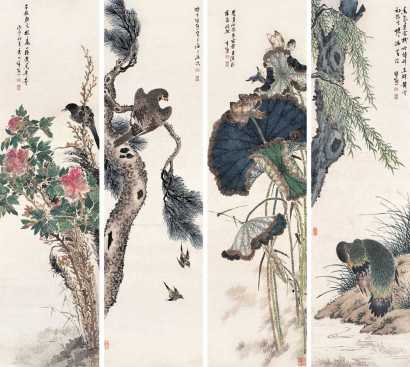 朱熊 丙辰（1856）年作 花鸟 四屏轴